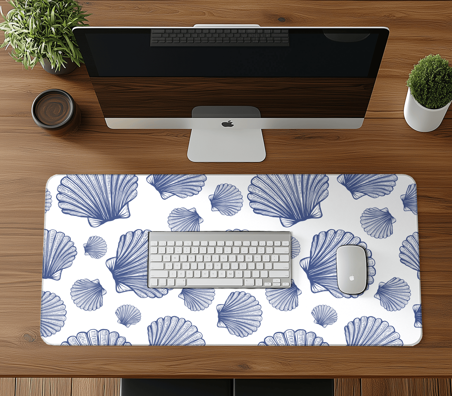 Blue Seashells Computer desk mat, Extra large mousepad,Blue Coastal office Decor