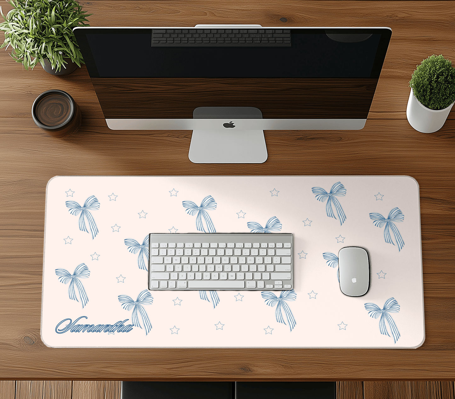 Personalized Coquette Pattern Desk Mat Blue  Bow Aesthetic Desk Pad Y2K Coquette Room Decor Deskmat