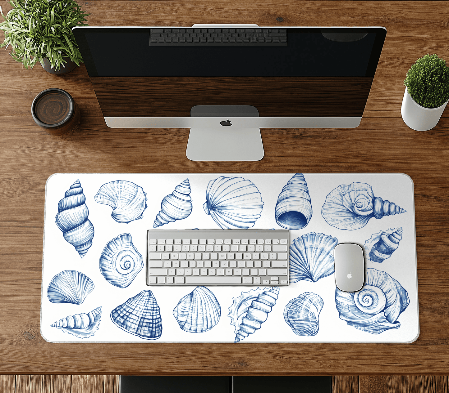 Blue Seashells Computer desk mat, Extra large mousepad,Blue Coastal office Decor