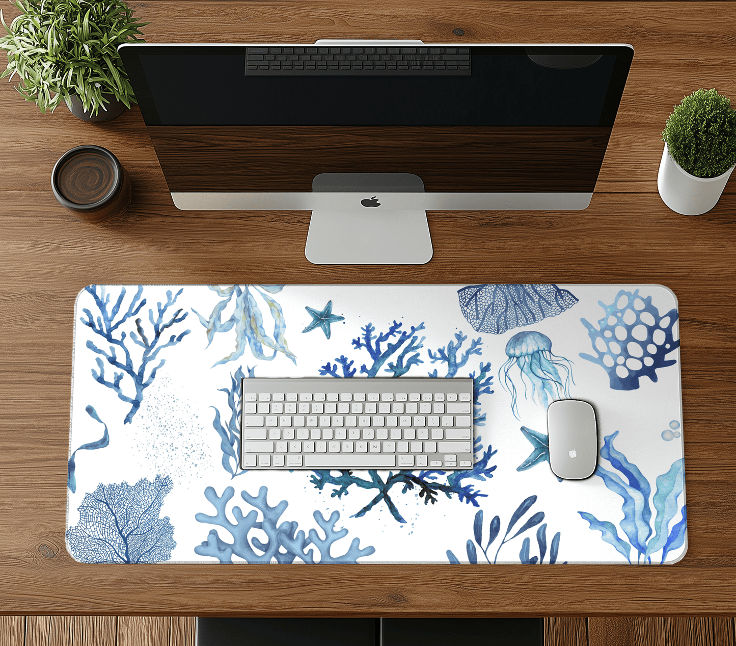 Coral Seaweed Computer desk mat Nautical Office decor Nay blue extended mousepad