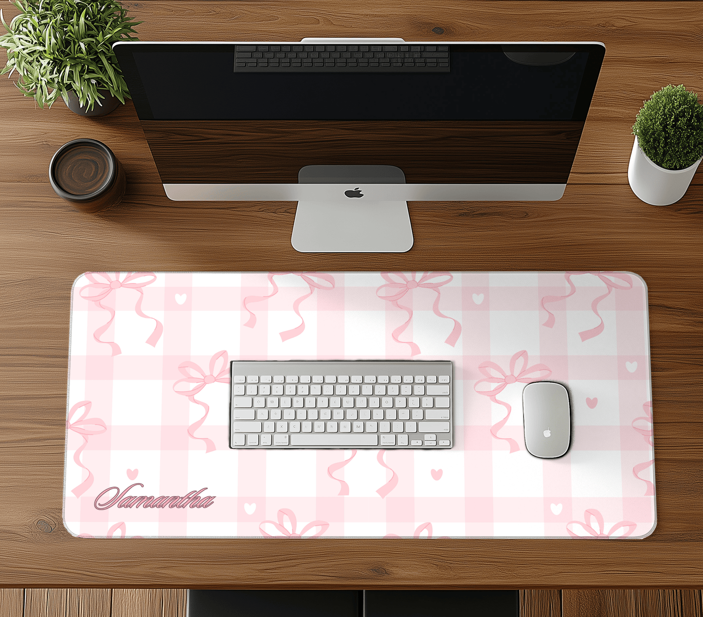 Personalized Coquette Pattern Desk Mat Pink Bow Gingham Aesthetic Desk Pad Y2K Coquette Room Decor Deskmat