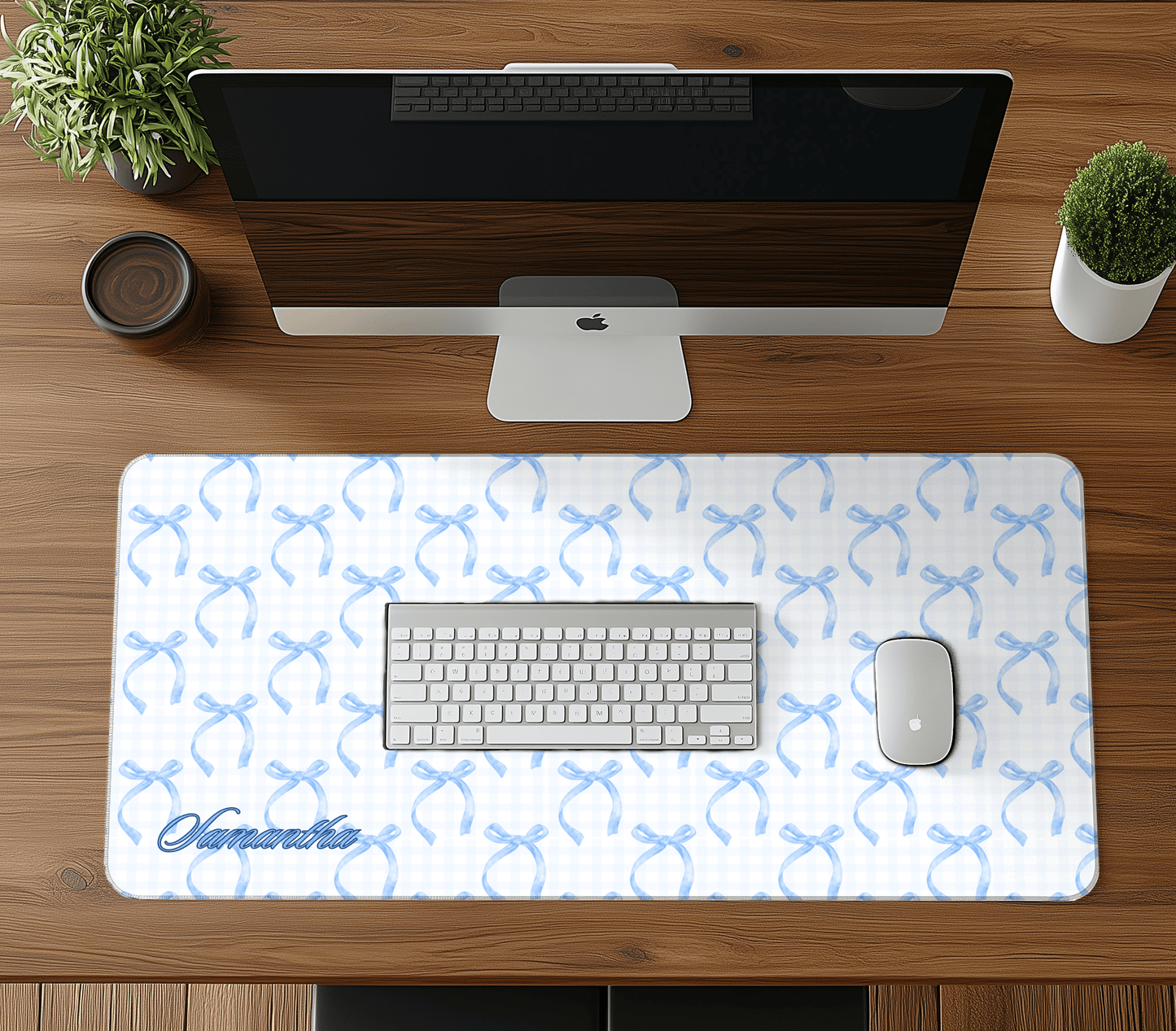 Personalized Coquette Pattern Desk Mat Blue Bow Gingham Aesthetic Desk Pad Y2K Coquette Room Decor Deskmat