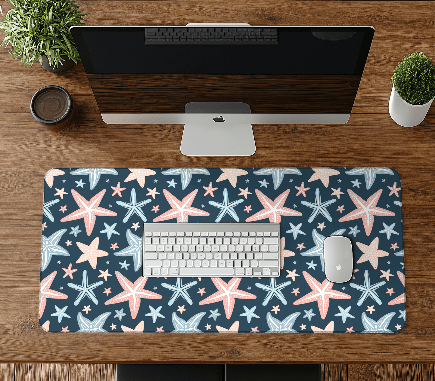 Blue Seashells Computer desk mat, Extra large mousepad,Blue Coastal office Decor