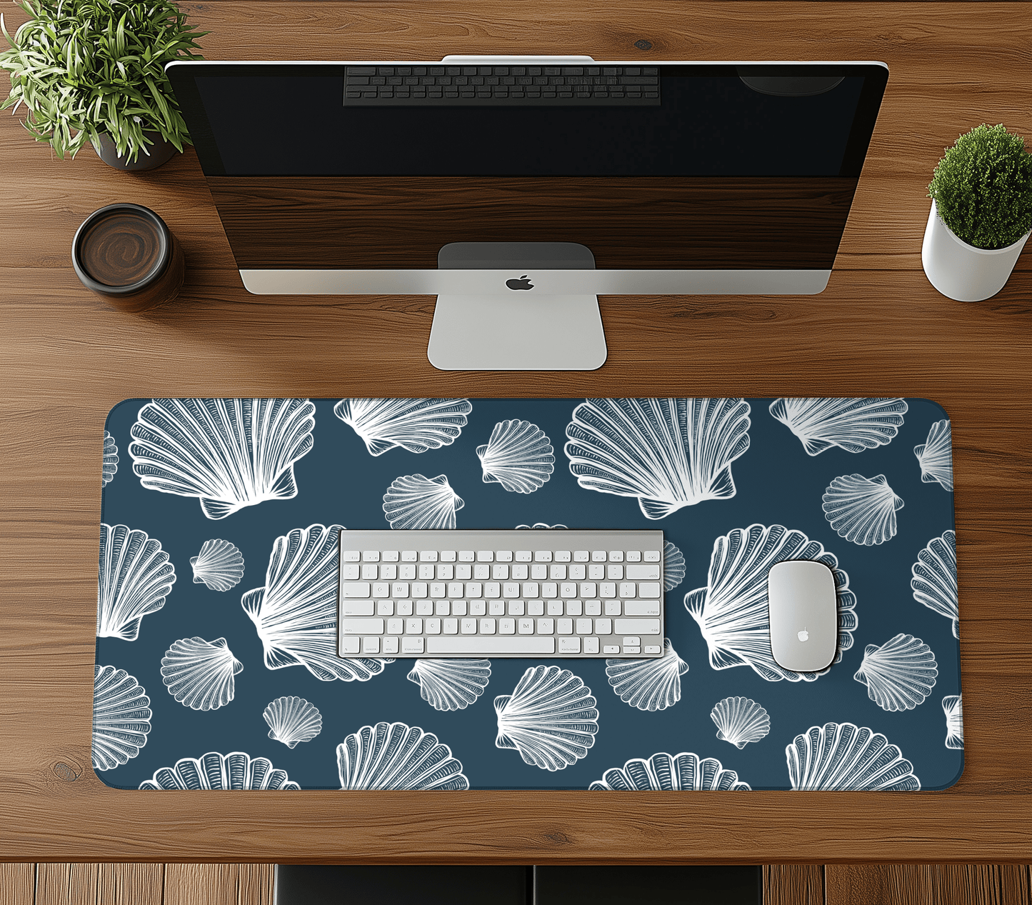 White Seashells Computer desk mat, Extra large mousepad, Blue Coastal office Decor