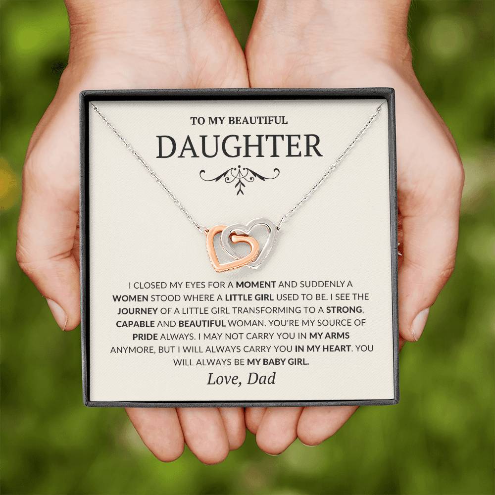 To my Daughter Interlocking Heart Necklace, Birthday Gift from Dad, Graduation Gift for Daughter-Tan