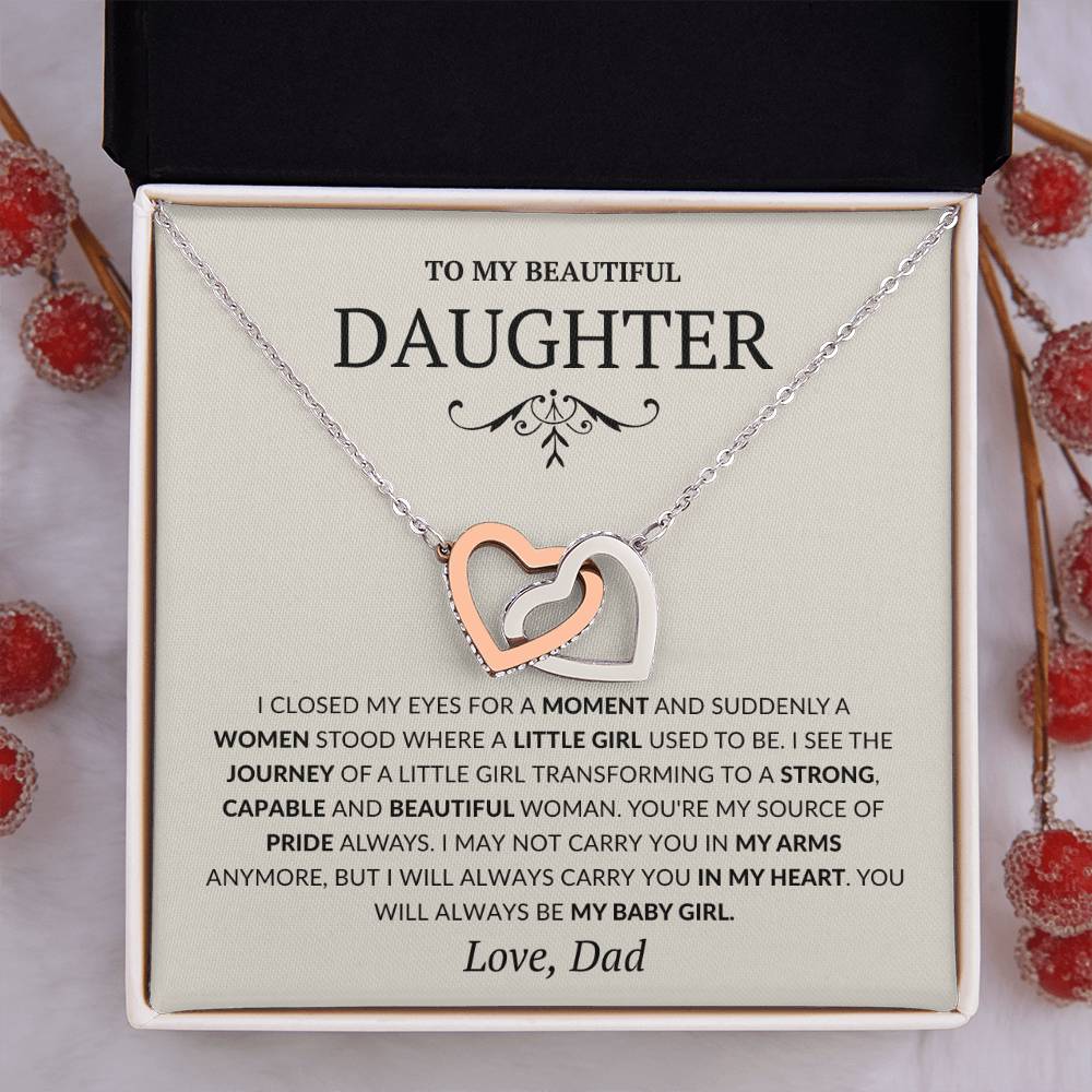 To my Daughter Interlocking Heart Necklace, Birthday Gift from Dad, Graduation Gift for Daughter-Tan