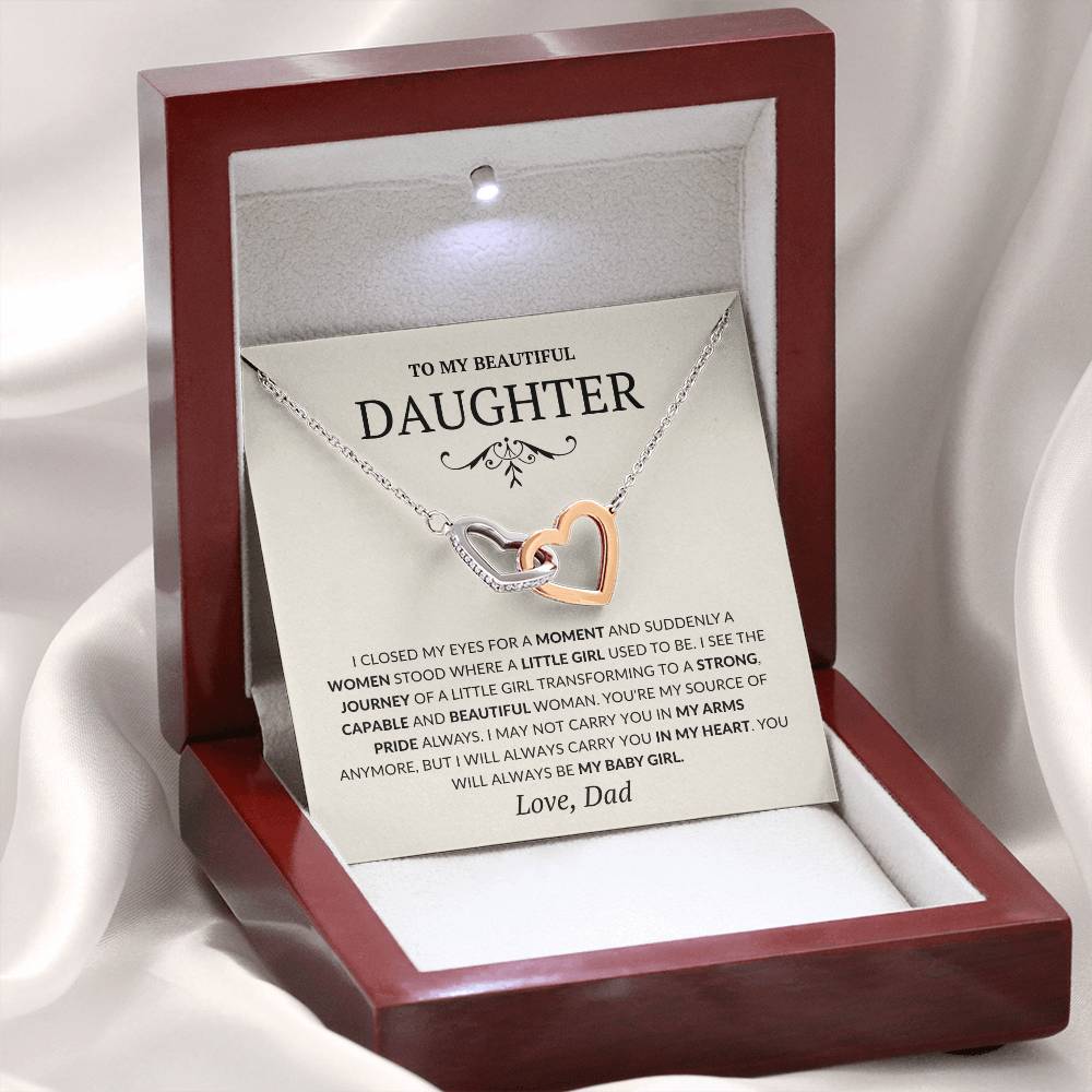 To my Daughter Interlocking Heart Necklace, Birthday Gift from Dad, Graduation Gift for Daughter-Tan