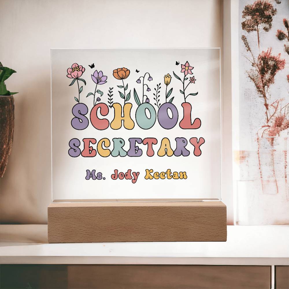 School Secretary Gift Acrylic Plaque School secretary Decor Desk name plate  Secretary Sign Custom Office Decor New Job Gift