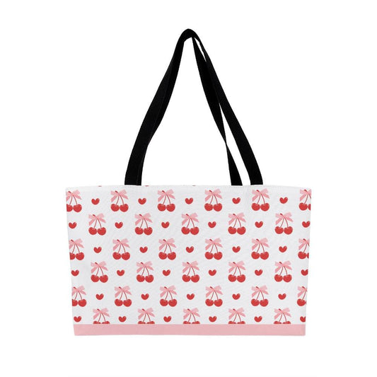 Coquette Red cherries Print Large Tote Bag  Pink Bow Weekender Bag Girly Oversized tote