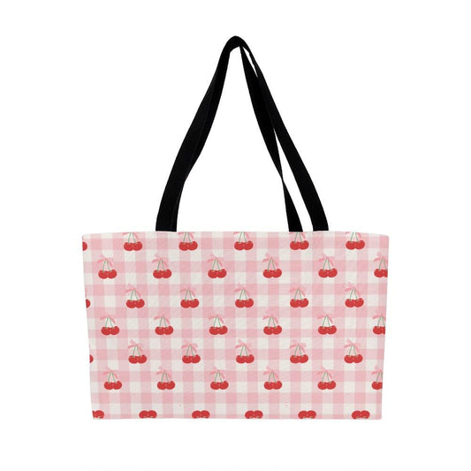 Coquette Pink Plaid Pattern Weekender Tote Cherries Oversized tote Beach bag Large Tote bag