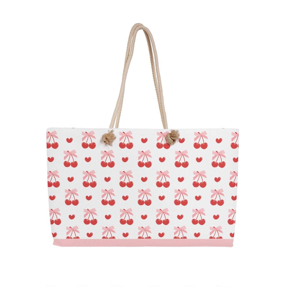 Coquette Red cherries Print Large Tote Bag  Pink Bow Weekender Bag Girly Oversized tote