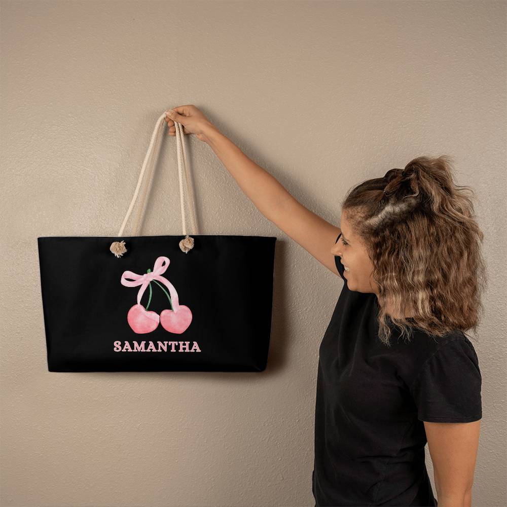 Coquette Pink Cherries Oversized Tote Personalized Cherry Bow weekender tote Cute Pink Bow Coquette Era
