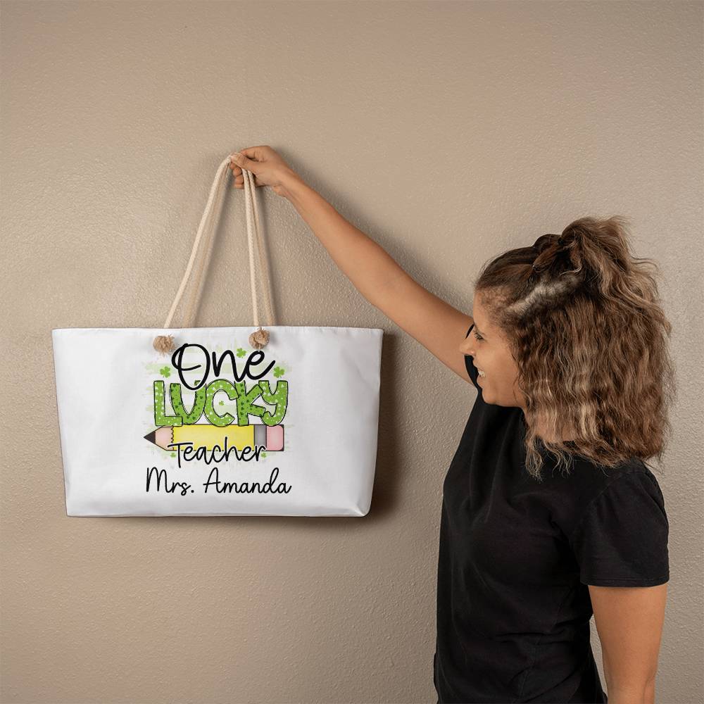 Teacher St Patrick's Day Weekender Tote Personalized One Lucky teacher Oversized tote