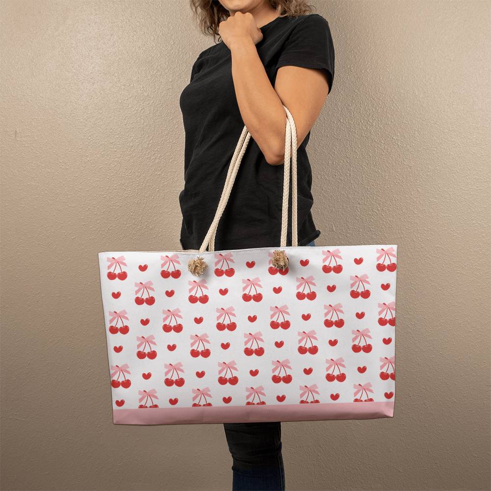 Coquette Red cherries Print Large Tote Bag  Pink Bow Weekender Bag Girly Oversized tote