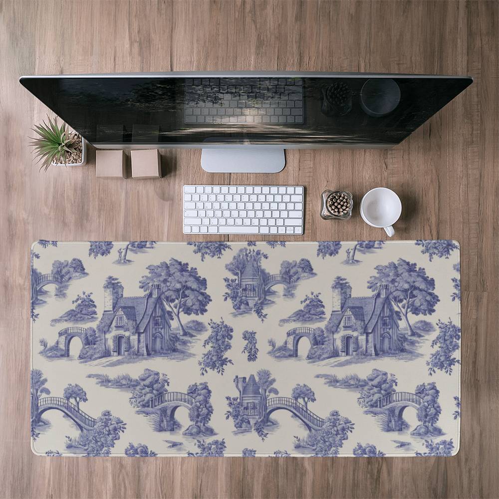 Toile de Jouy Computer desk mousepad, Blue Chinoiserie Extra large desk mat