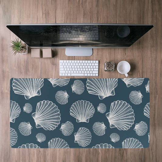 White Seashells Computer desk mat, Extra large mousepad, Blue Coastal office Decor