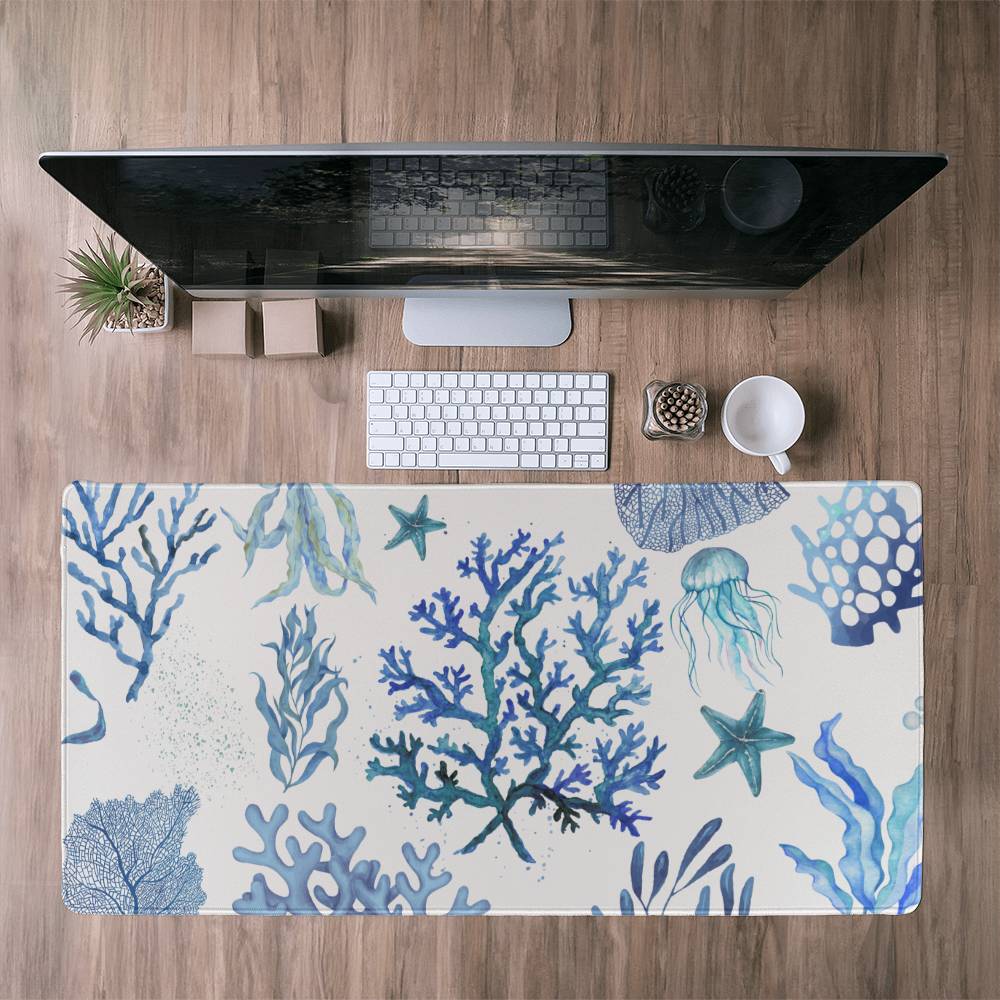 Coral Seaweed Computer desk mat Nautical Office decor Nay blue extended mousepad