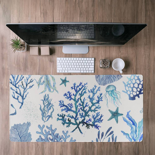 Coral Seaweed Computer desk mat Nautical Office decor Nay blue extended mousepad