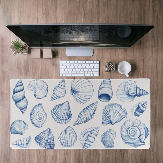 Blue Seashells Computer desk mat, Extra large mousepad,Blue Coastal office Decor