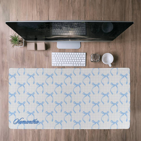 Personalized Coquette Pattern Desk Mat Blue Bow Gingham Aesthetic Desk Pad Y2K Coquette Room Decor Deskmat