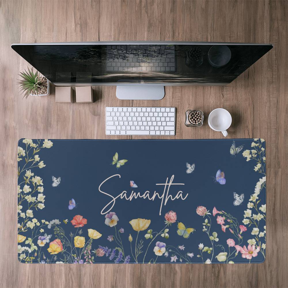 Personalized Wildflower Desk Mat Custom Long Desk mat Cottagecore Desk mat Floral xxl Desk mat Blue Desk mat