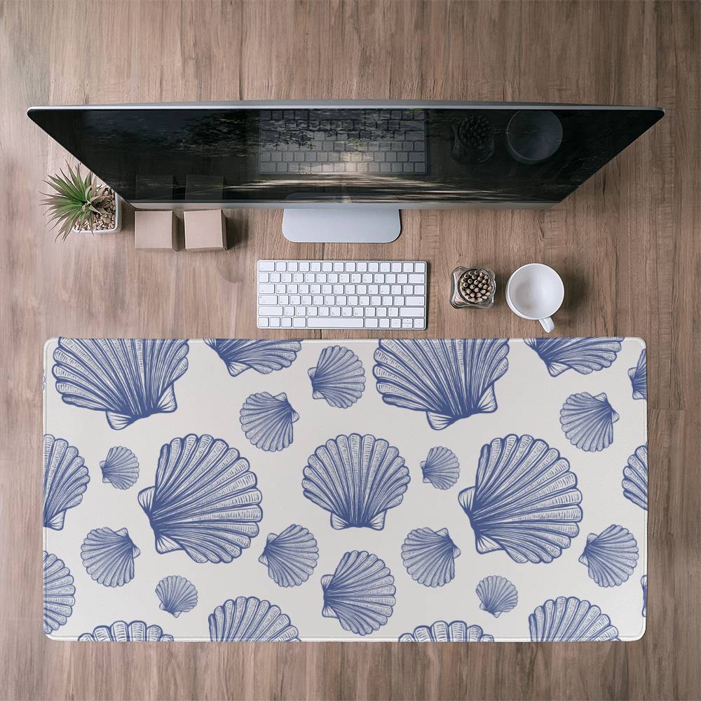 Blue Seashells Computer desk mat, Extra large mousepad,Blue Coastal office Decor