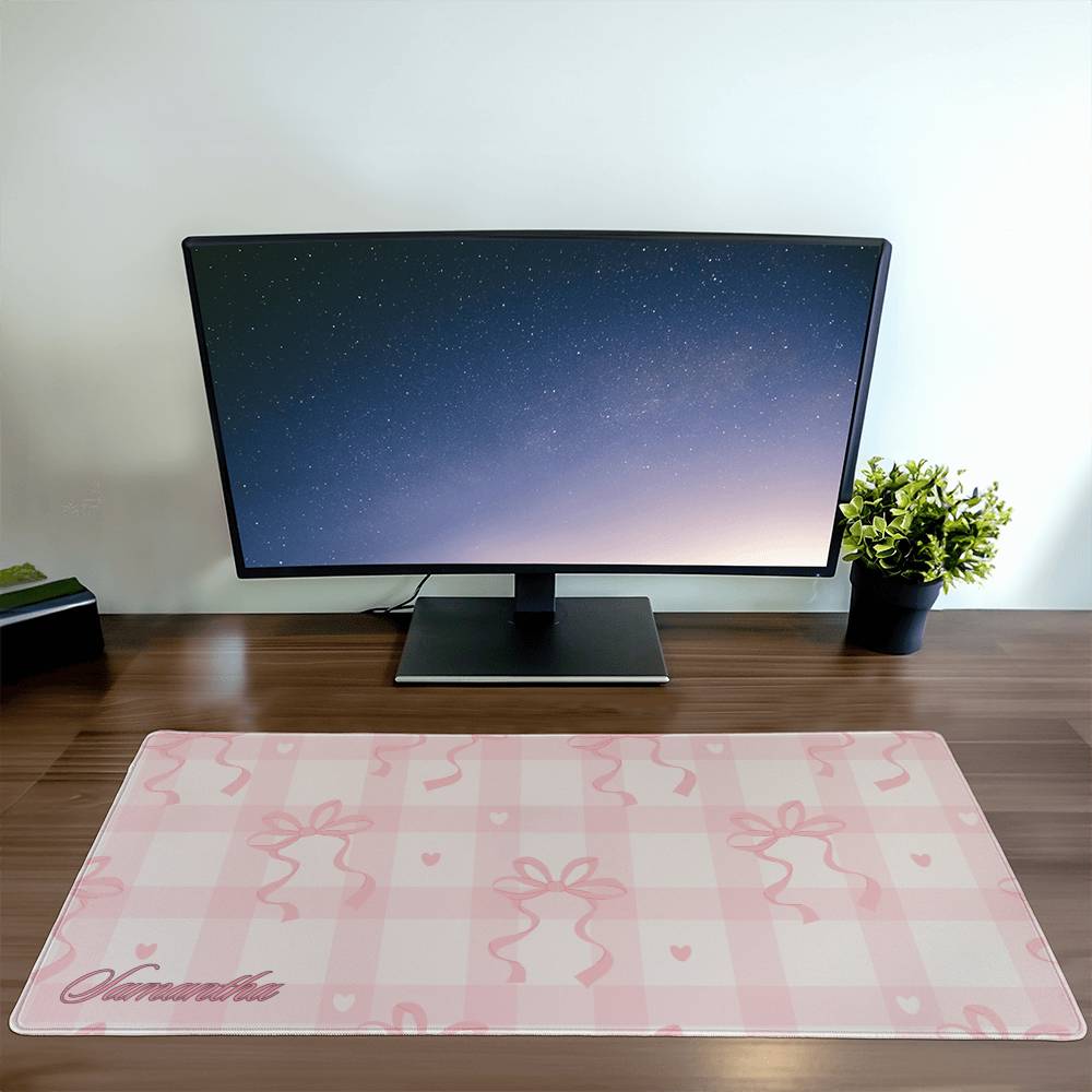 Personalized Coquette Pattern Desk Mat Pink Bow Gingham Aesthetic Desk Pad Y2K Coquette Room Decor Deskmat