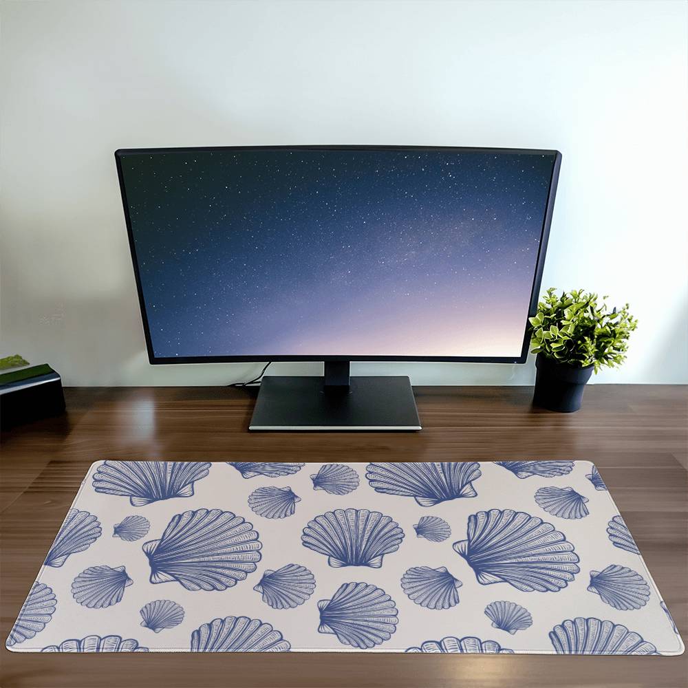 Blue Seashells Computer desk mat, Extra large mousepad,Blue Coastal office Decor