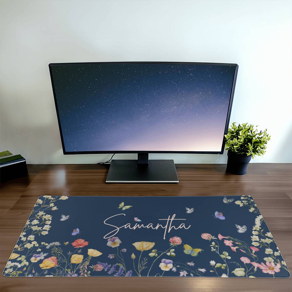 Personalized Wildflower Desk Mat Custom Long Desk mat Cottagecore Desk mat Floral xxl Desk mat Blue Desk mat