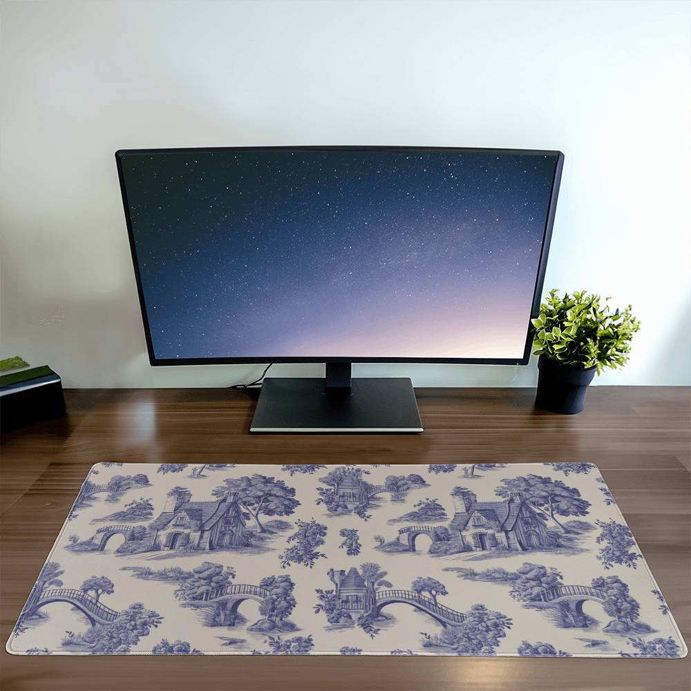 Toile de Jouy Computer desk mousepad, Blue Chinoiserie Extra large desk mat