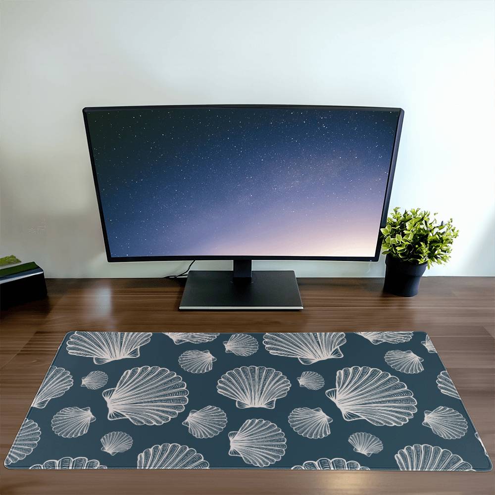 White Seashells Computer desk mat, Extra large mousepad, Blue Coastal office Decor