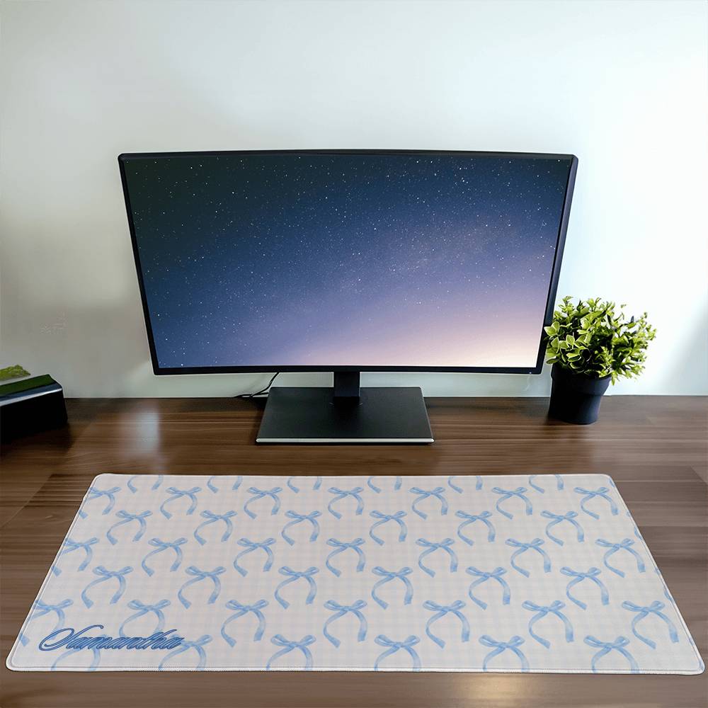 Personalized Coquette Pattern Desk Mat Blue Bow Gingham Aesthetic Desk Pad Y2K Coquette Room Decor Deskmat