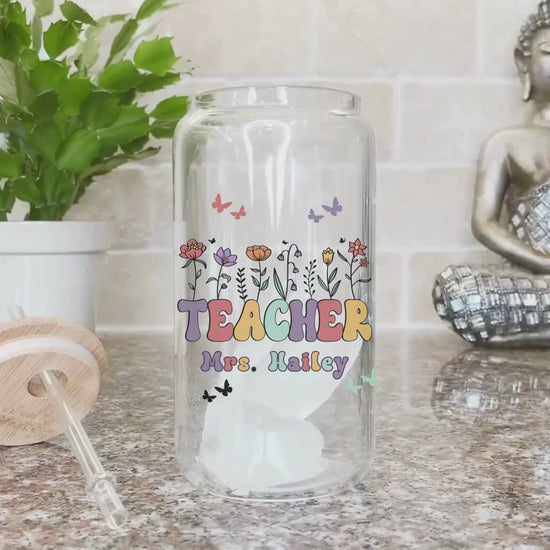 Teacher Custom Frosted Iced Coffee Cup Personalized Teacher Gift Tumbler with Straw Elementary Teacher Glass Can Tumbler New Teacher Cup