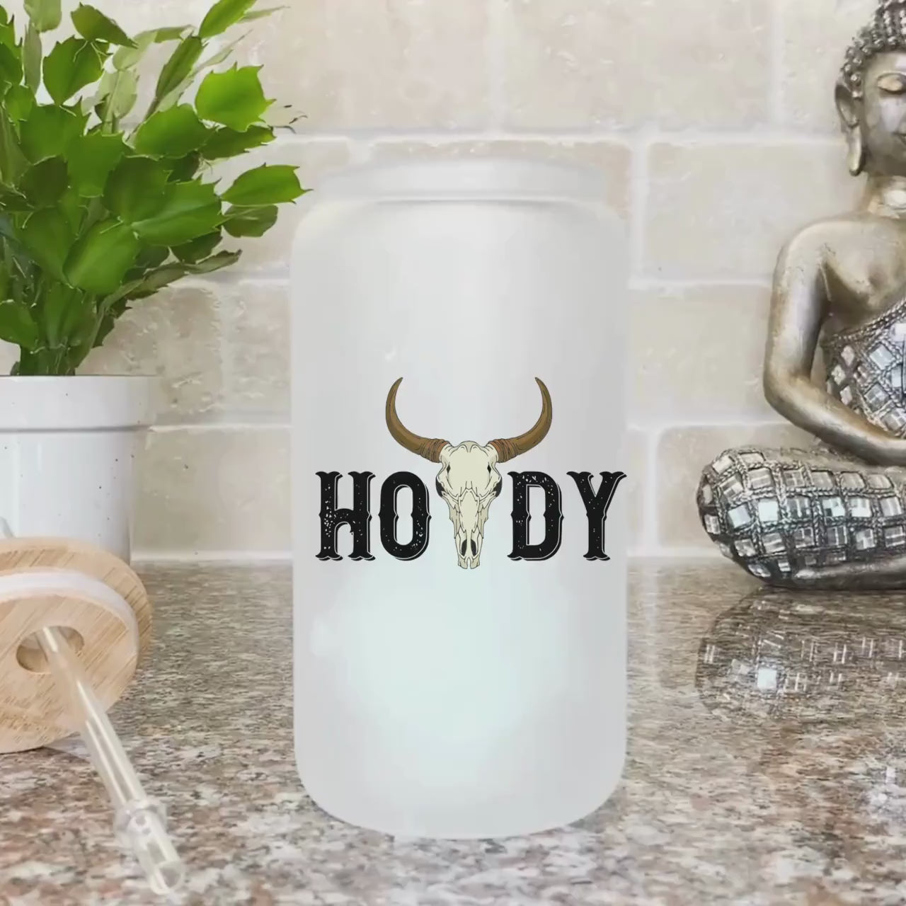 Howdy Western Bull Skull Frosted Iced Coffee Cup Longhorn Skull Frosted Tumbler with Straw Western Rodeo cowboy beer Glass Longhorn Steer