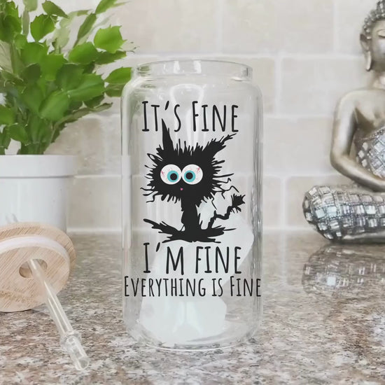 It's Fine I'm fine everything is fine Glass Frosted Coffee Cup Funny Cat Cup with Lid Retro Sarcasm Tumbler Coworker Secret Santa Gift