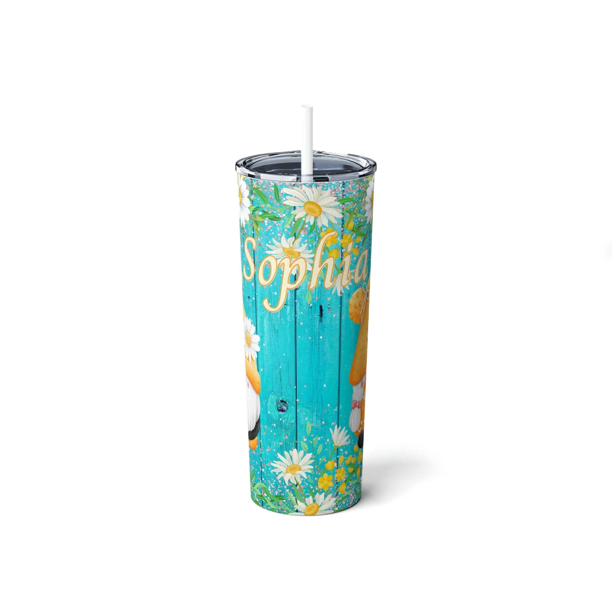 Gnome Daisy Flowers Skinny Steel Tumbler with Straw, 20oz