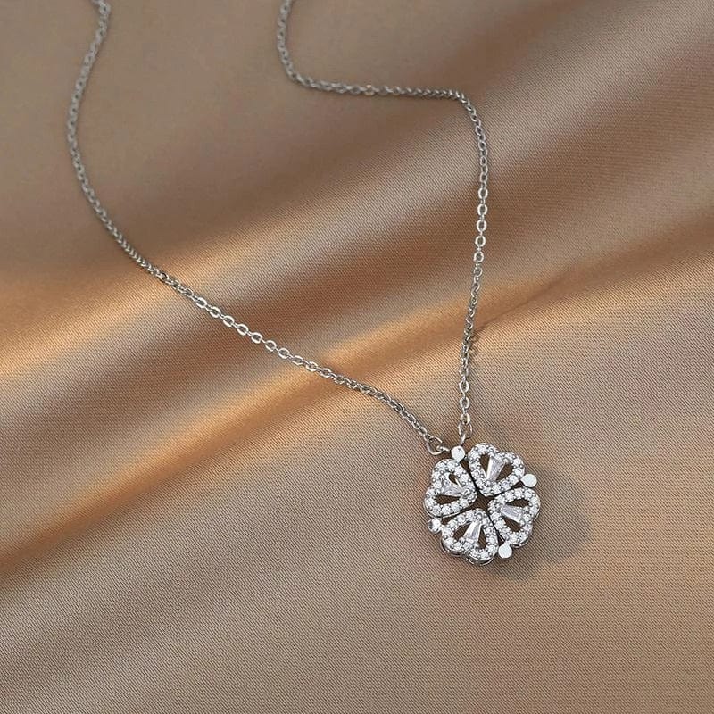 2 in 1 Four Leaf Clover Dainty Heart Necklace Silver w/o Inlay