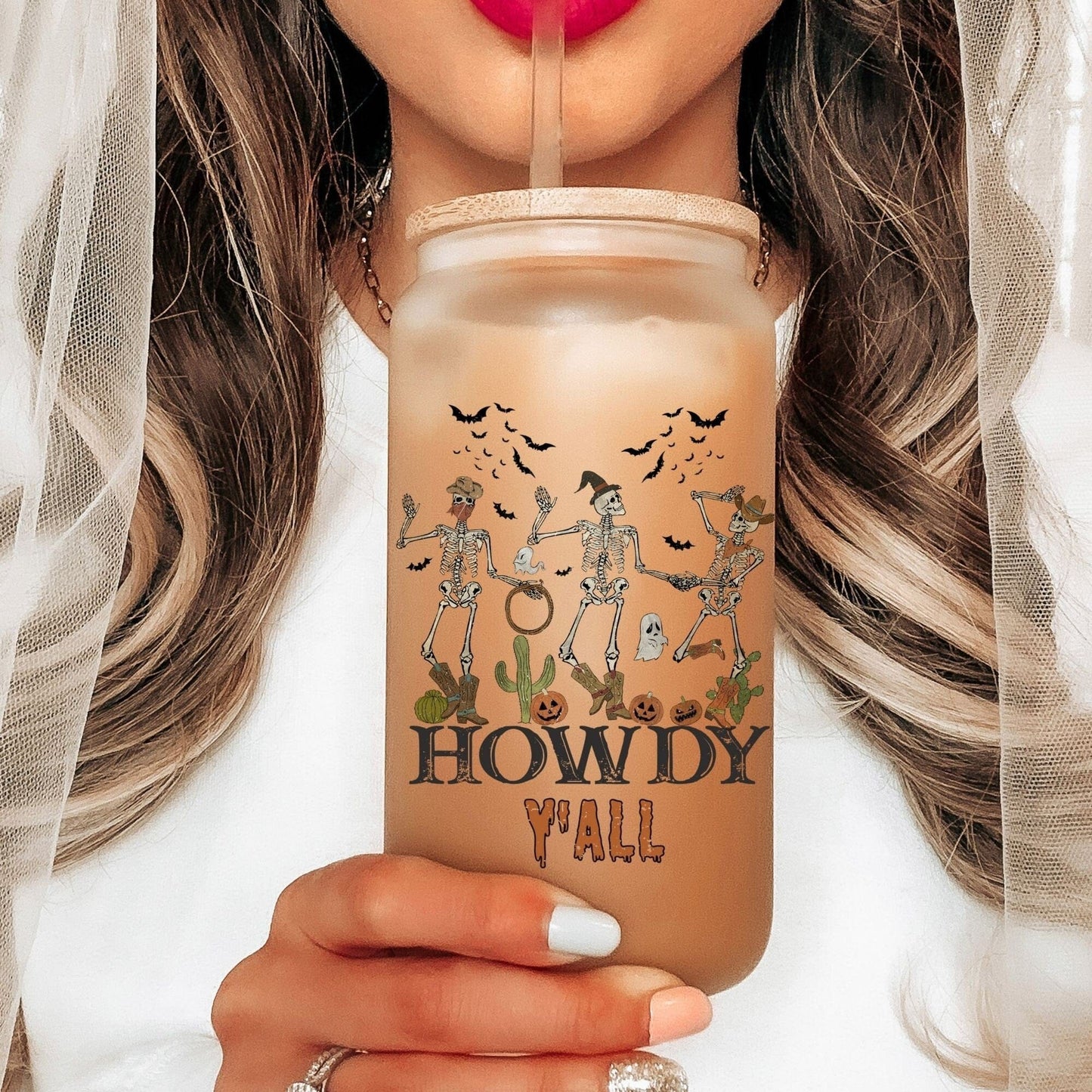 Howdy Y'all Cowboy Skeleton Iced Coffee Cup Funny Halloween Tumbler with Straw Dancing Skeletons 16oz beer Glass Can Tumbler for women