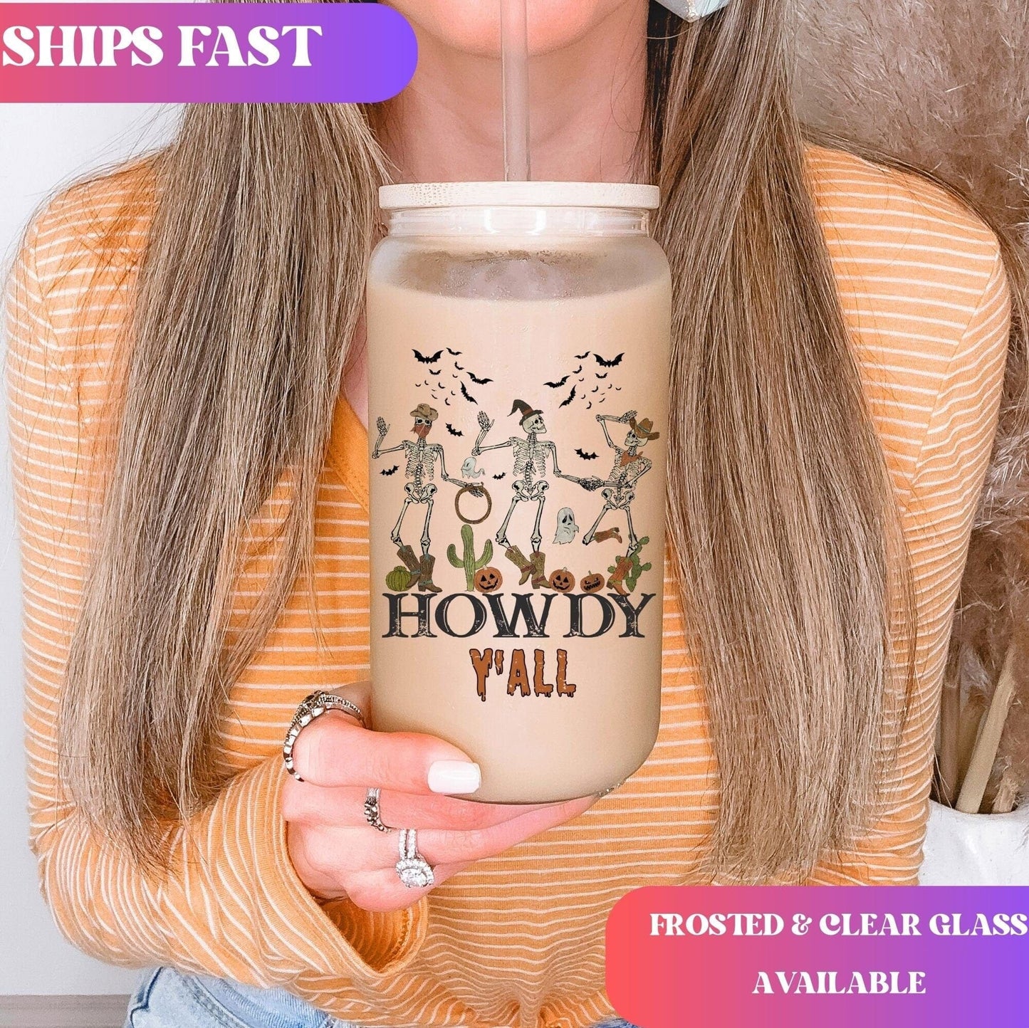 Howdy Y'all Cowboy Skeleton Iced Coffee Cup Funny Halloween Tumbler with Straw Dancing Skeletons 16oz beer Glass Can Tumbler for women