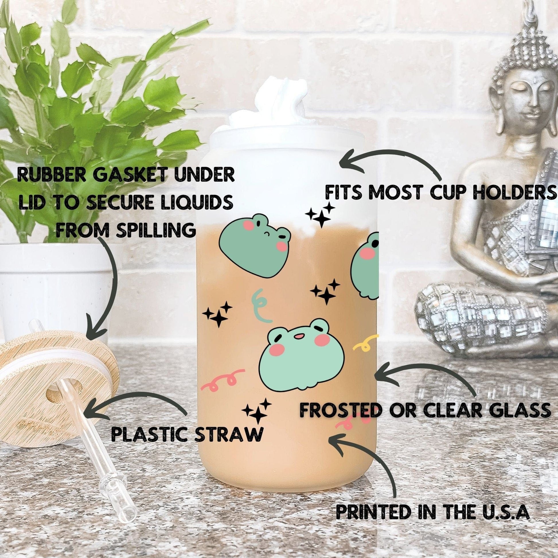 Frog Kawaii Frosted Iced Coffee Cup Funny Cute Frog Lover Gift Tumbler with Straw Frog Gifts Glass Can Tumbler Froggy Glass Cup with lid