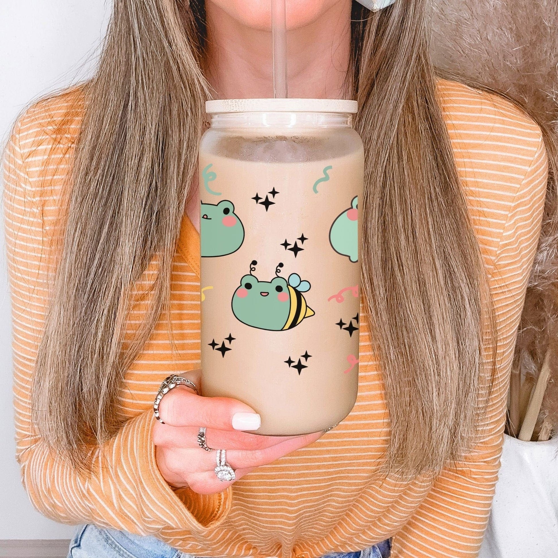 Frog Kawaii Frosted Iced Coffee Cup Funny Cute Frog Lover Gift Tumbler with Straw Frog Gifts Glass Can Tumbler Froggy Glass Cup with lid