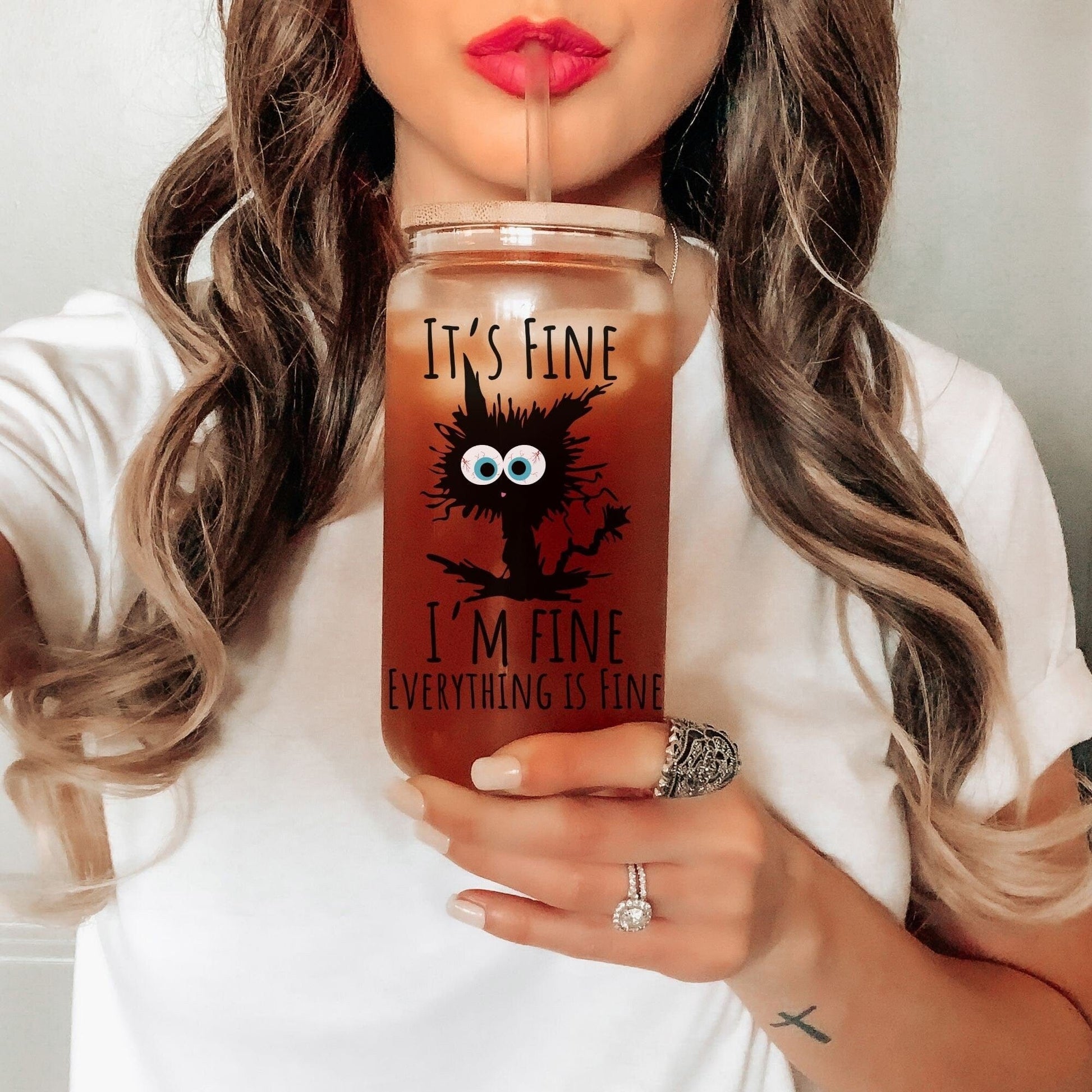 It's Fine I'm fine everything is fine Glass Frosted Coffee Cup Funny Cat Cup with Lid Retro Sarcasm Tumbler Coworker Secret Santa Gift