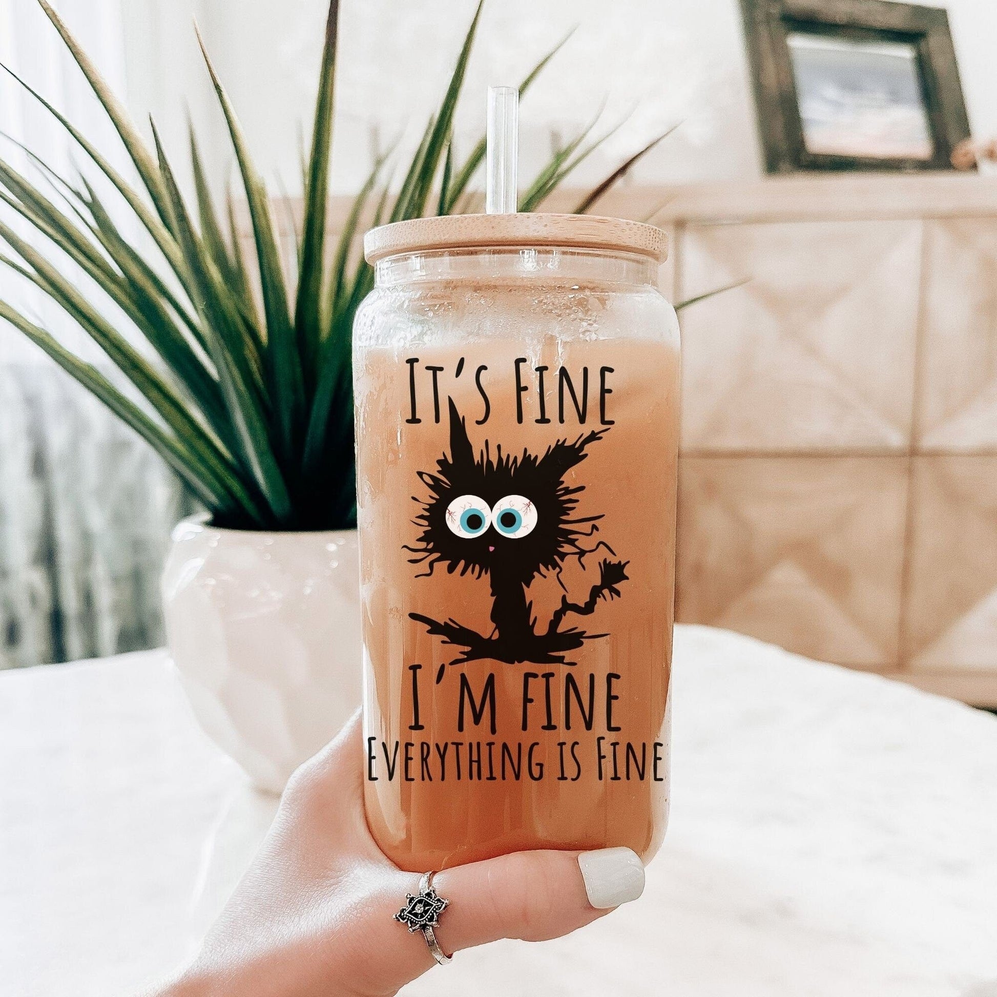 It's Fine I'm fine everything is fine Glass Frosted Coffee Cup Funny Cat Cup with Lid Retro Sarcasm Tumbler Coworker Secret Santa Gift