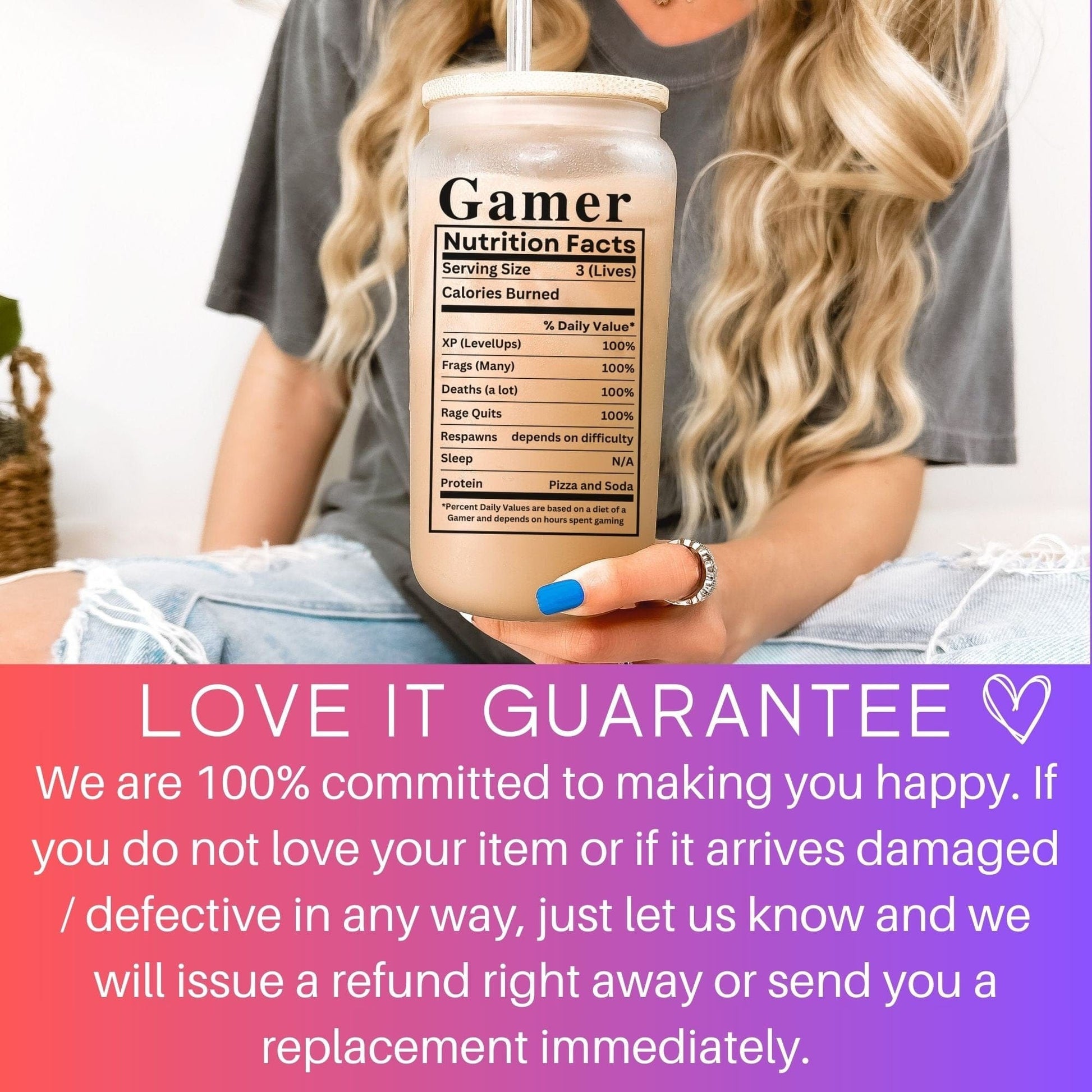 Gamer Nutrition Facts Iced Coffee Tumbler Gift For Gamers Frosted Cup Gamer Couple Christmas Gifts Funny Gamer Boyfriend Glass Tumbler