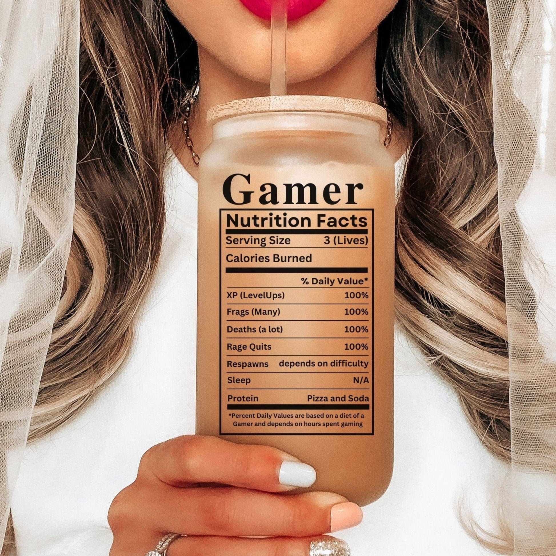 Gamer Nutrition Facts Iced Coffee Tumbler Gift For Gamers Frosted Cup Gamer Couple Christmas Gifts Funny Gamer Boyfriend Glass Tumbler