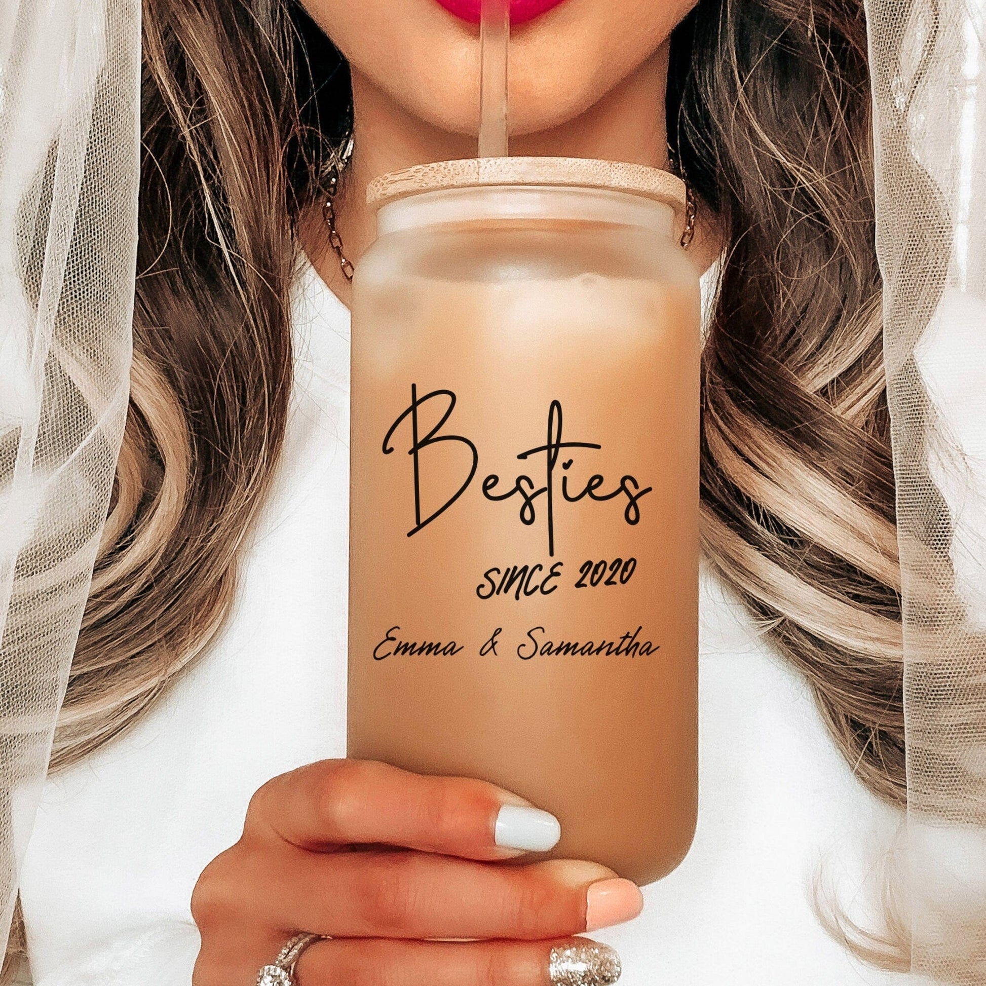 Custom Besties Iced Coffee Cup Personalized Best friend Frosted Beer glass with Bamboo Lid Bestie Gifts for best friend Birthday Gifts BFF