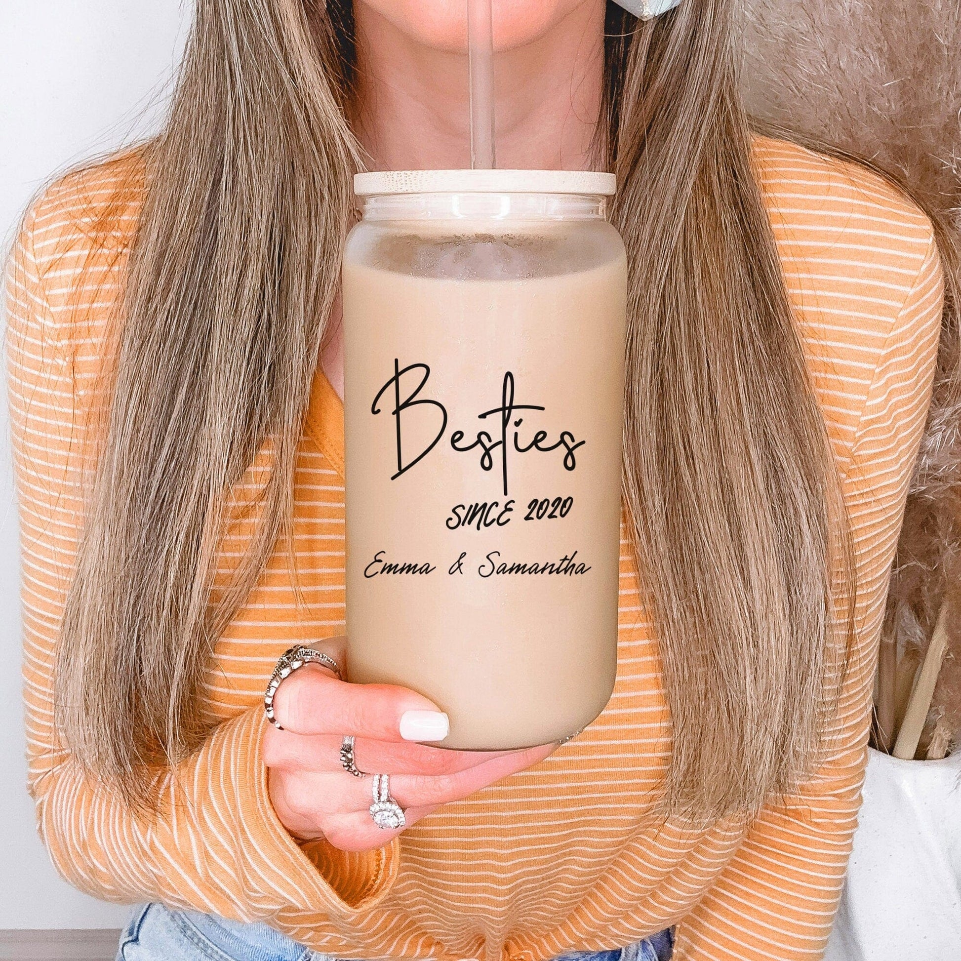 Custom Besties Iced Coffee Cup Personalized Best friend Frosted Beer glass with Bamboo Lid Bestie Gifts for best friend Birthday Gifts BFF