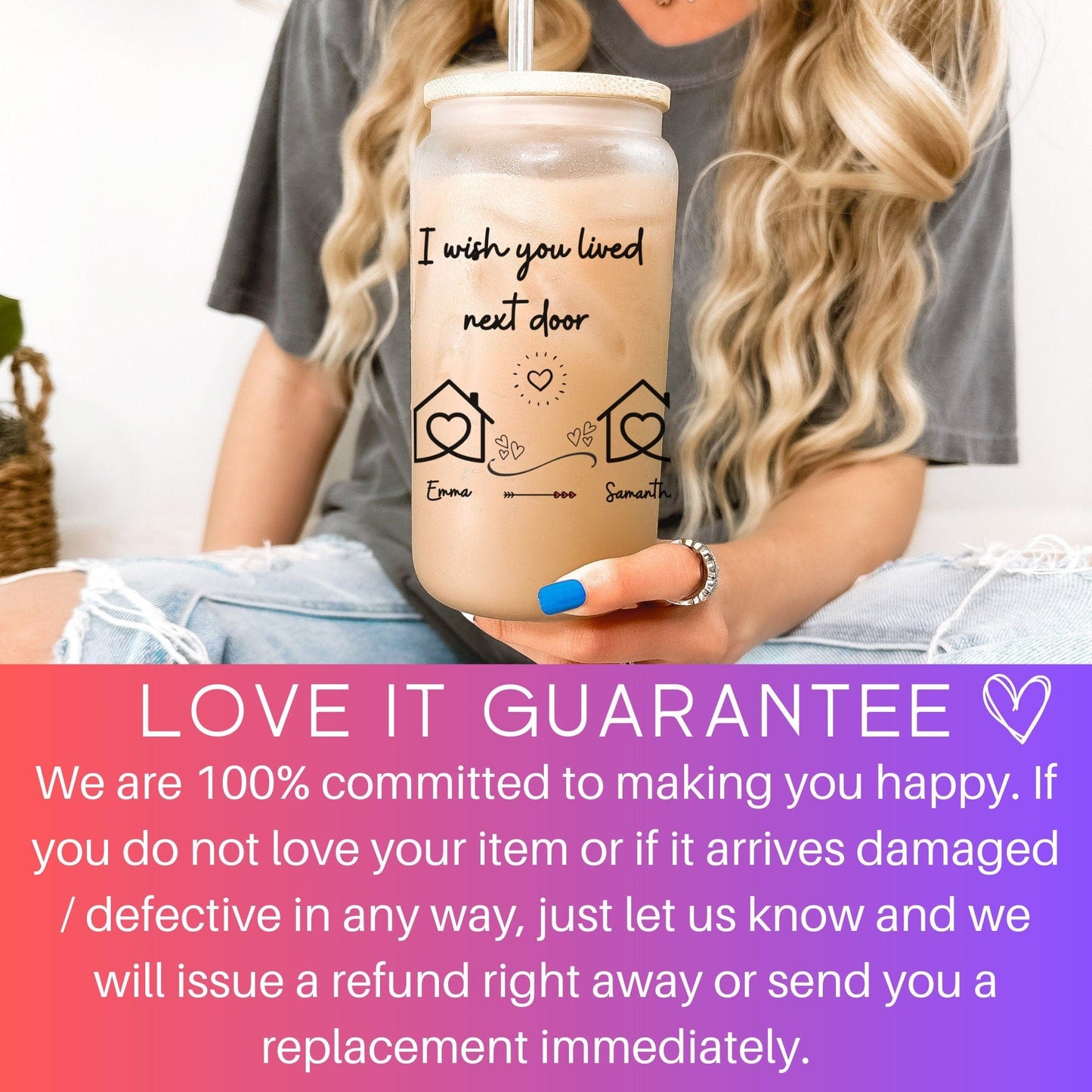 I wish you lived next door Custom Besties Iced Coffee Cup Personalized Best friend Frosted Beer glass with Bamboo Lid Gifts for best friend