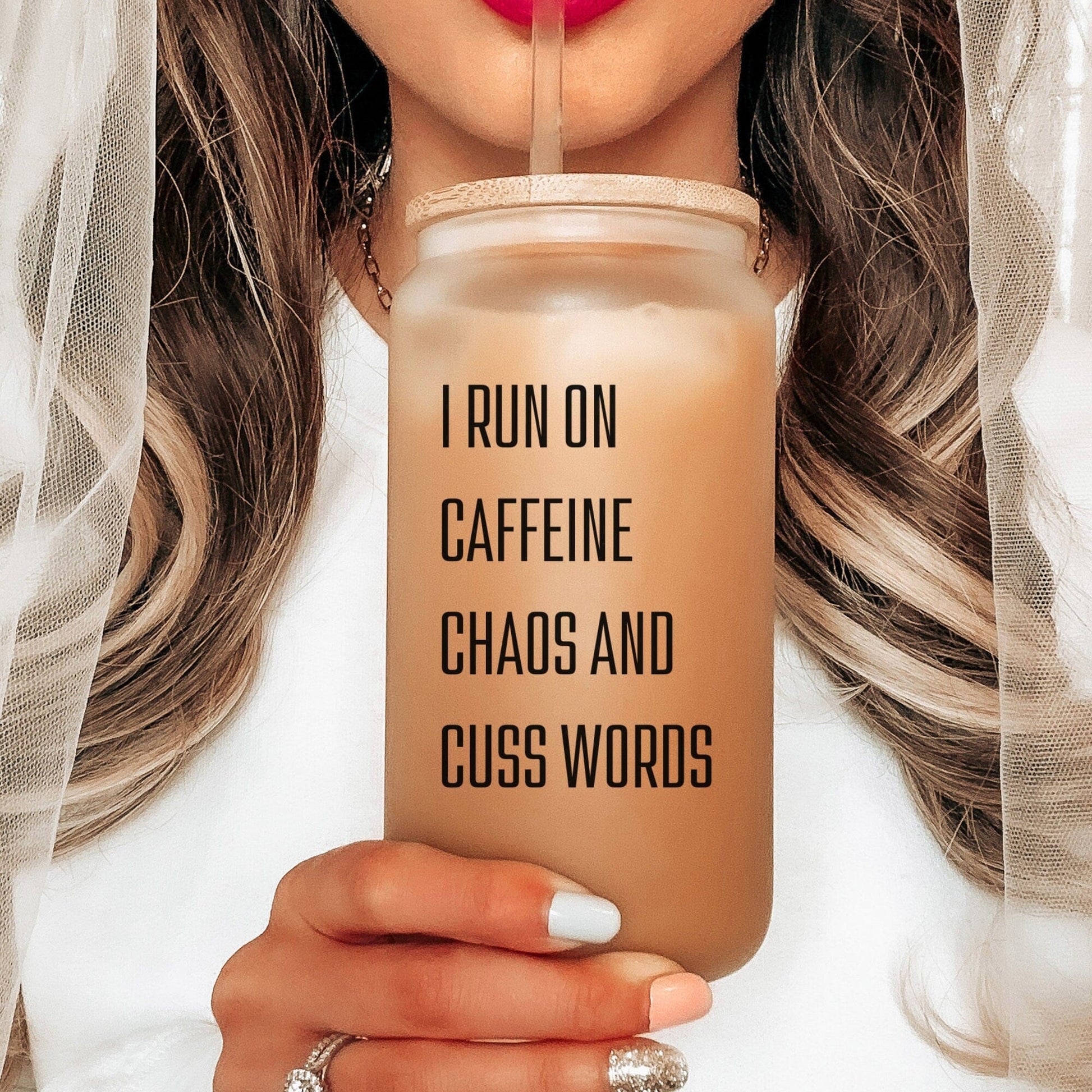 Coffee Lover Mama Iced Coffee Cup Caffeine and Chaos Frosted Coffee Tumbler with straw Funny Mama gift for mom Glass Tumbler Mom Birthday