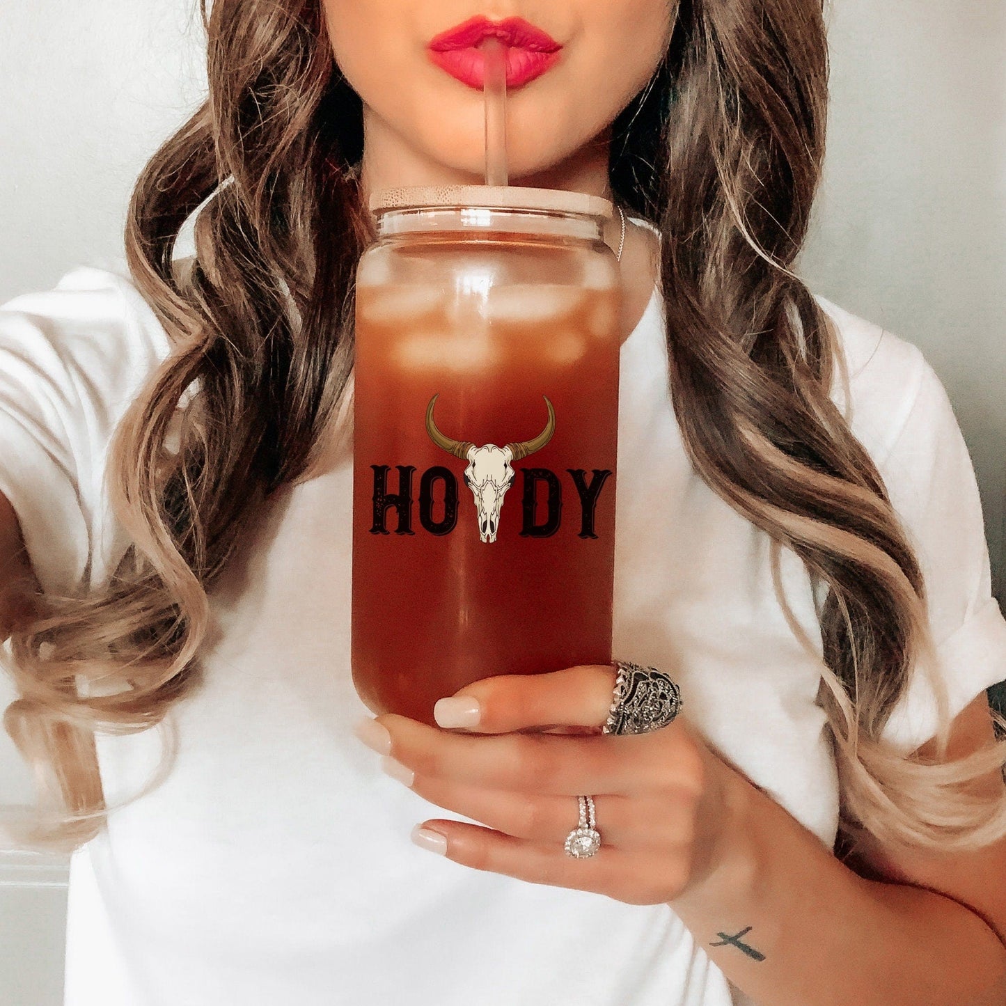 Howdy Western Bull Skull Frosted Iced Coffee Cup Longhorn Skull Frosted Tumbler with Straw Western Rodeo cowboy beer Glass Longhorn Steer